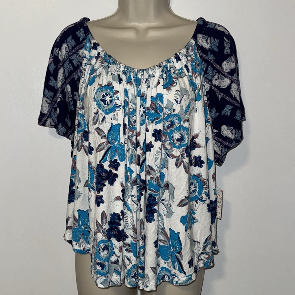 Free People Baja Babe Top Blue & Ivory Boho Floral Print Women’s Small S